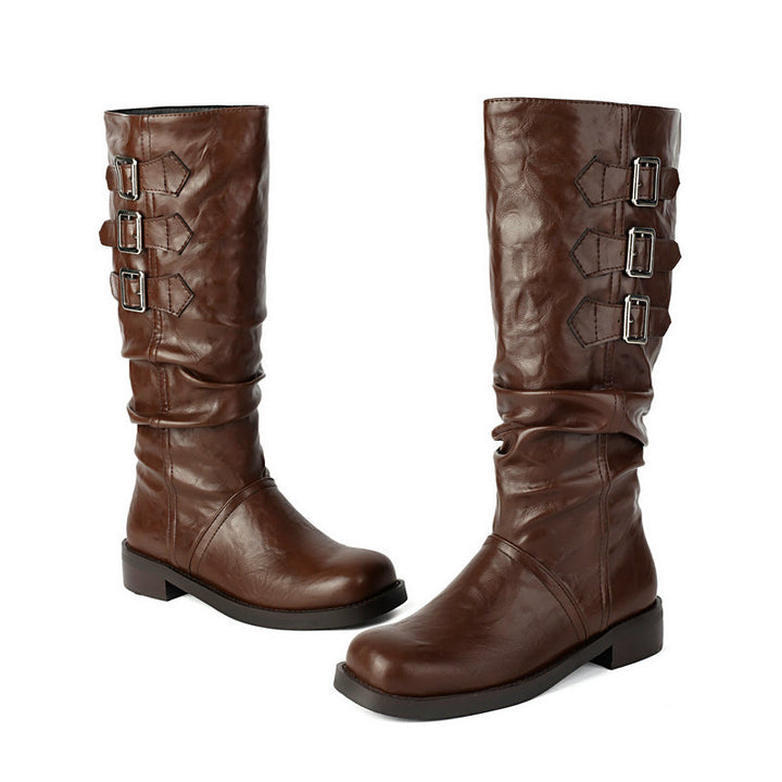brown Women's slouchy biker boots under the knee