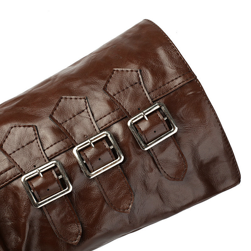 brown Women's slouchy biker boots under the knee