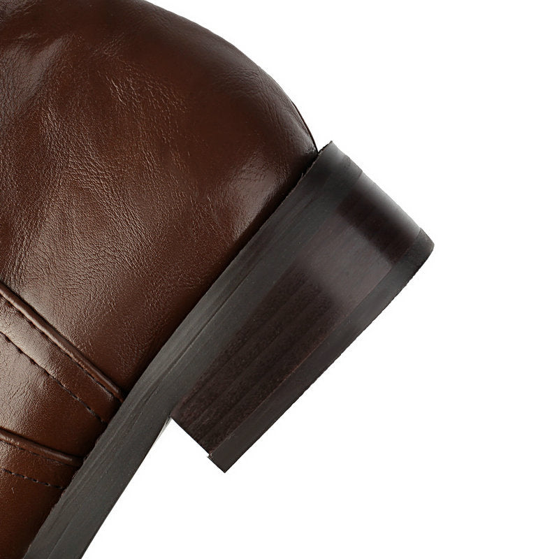 brown Women's slouchy biker boots under the knee