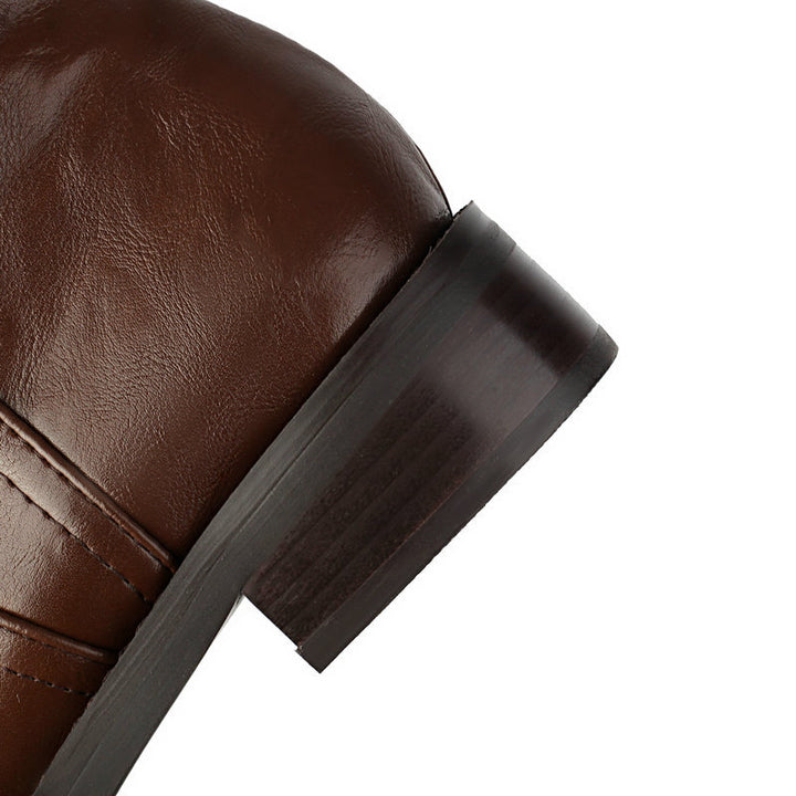 brown Women's slouchy biker boots under the knee