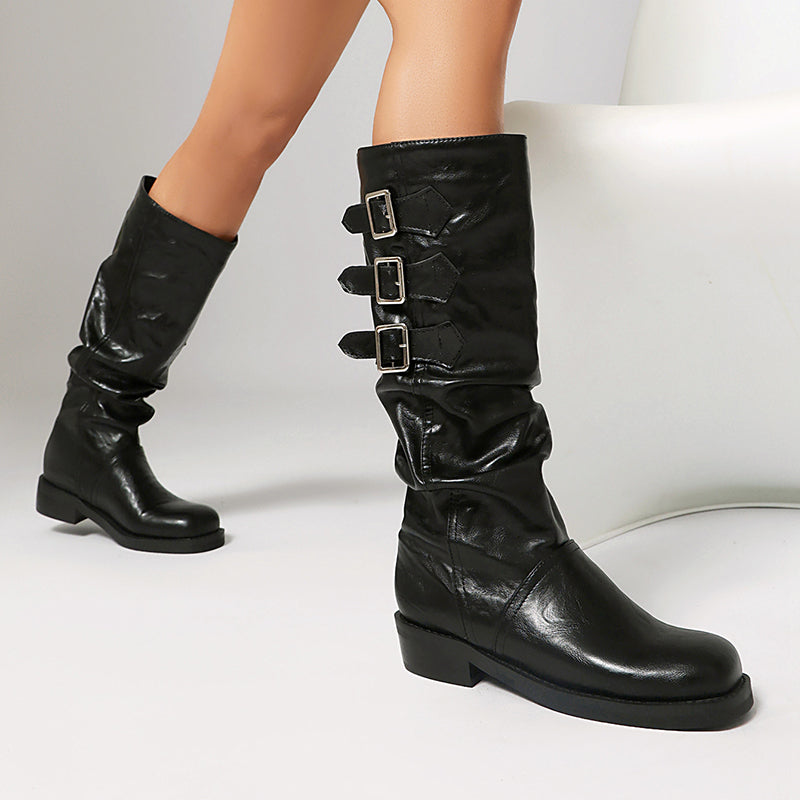 black Women's slouchy biker boots under the knee