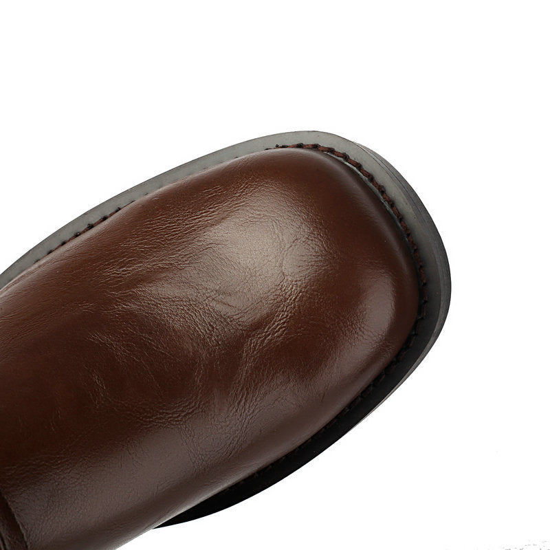 brown Women's slouchy biker boots under the knee