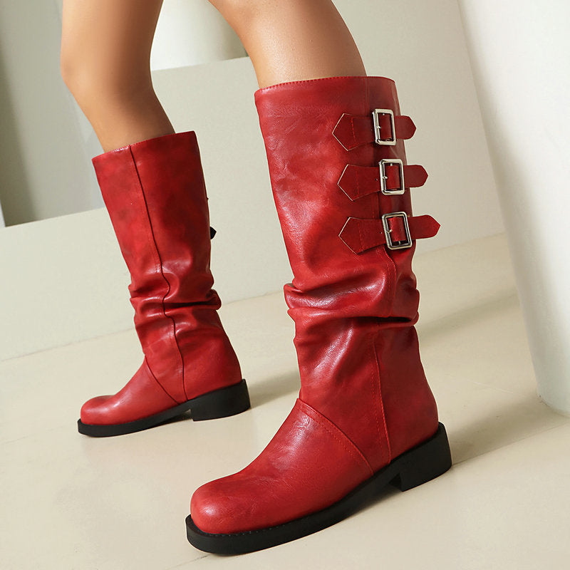 Women's slouchy biker boots under the knee