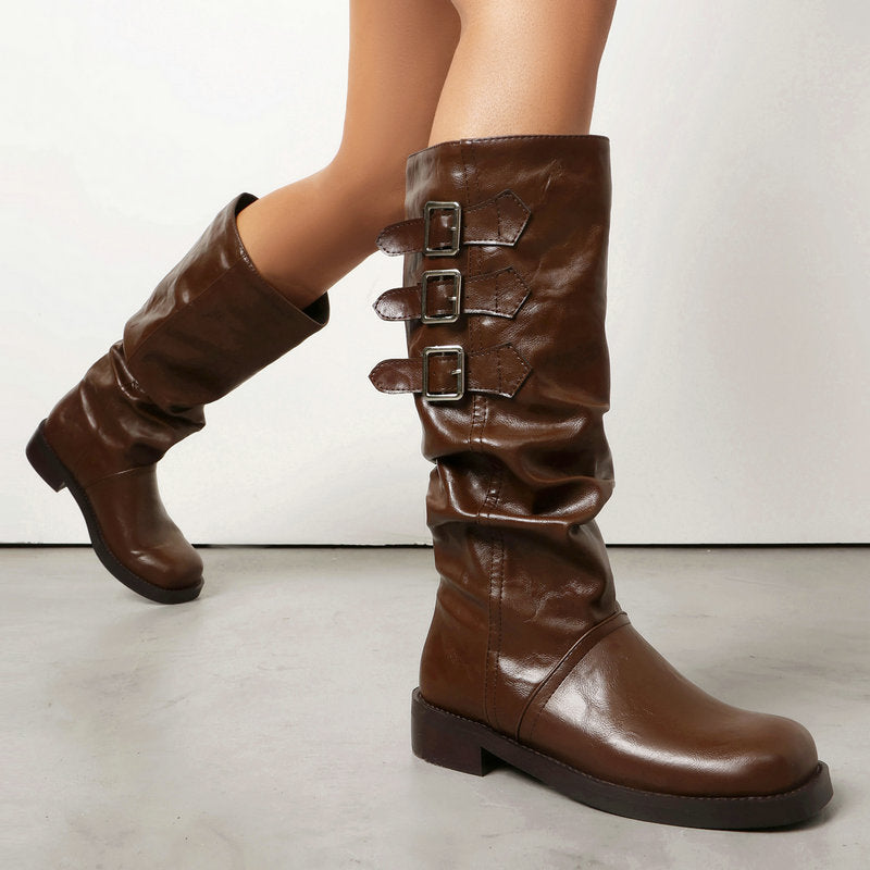 brown Women's slouchy biker boots under the knee