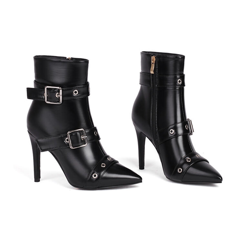 black Women's stiletto heels buckle ankle boots