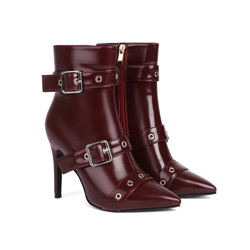 burgundy Women's stiletto heels buckle ankle boots