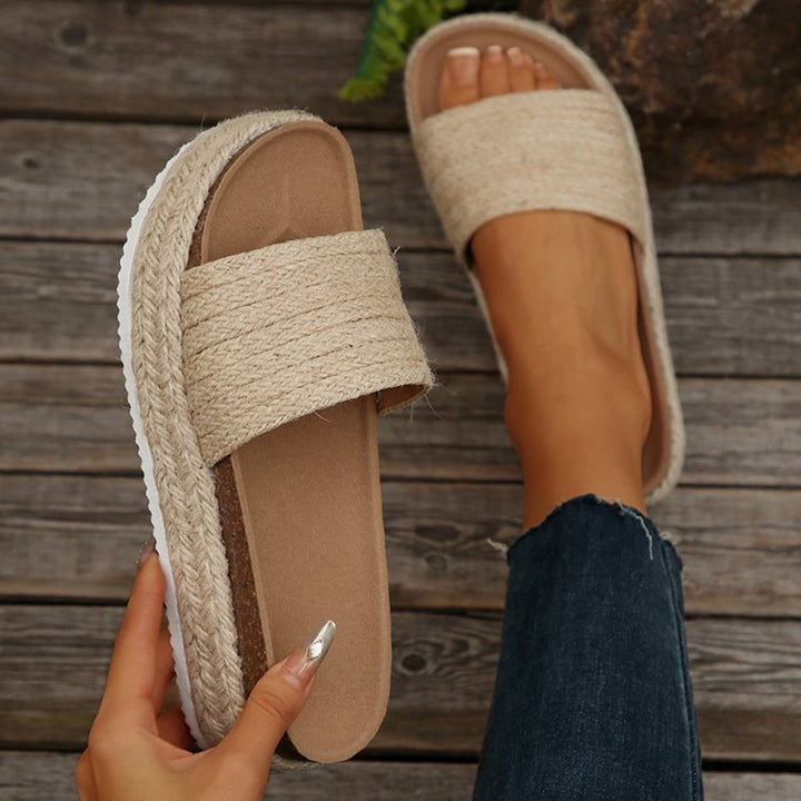 khaki Women's straw woven espadrille platform slides