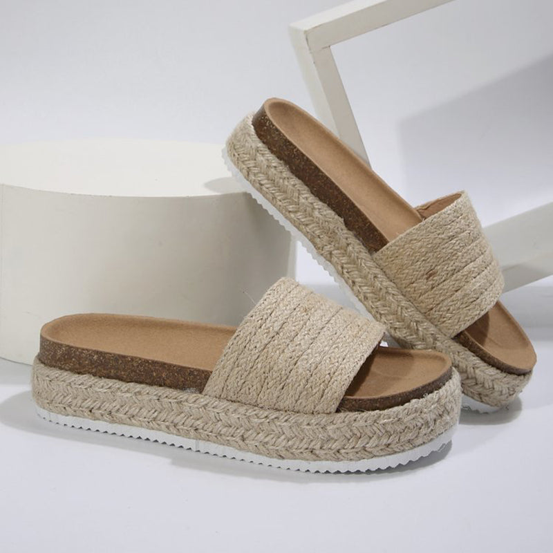 beige Women's straw woven espadrille platform slides
