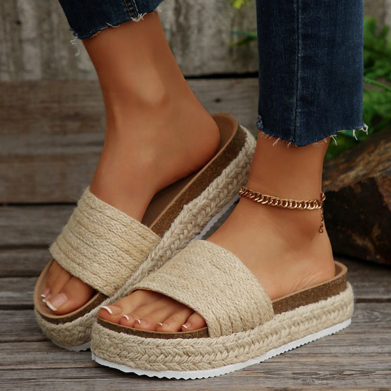 khaki Women's straw woven espadrille platform slides