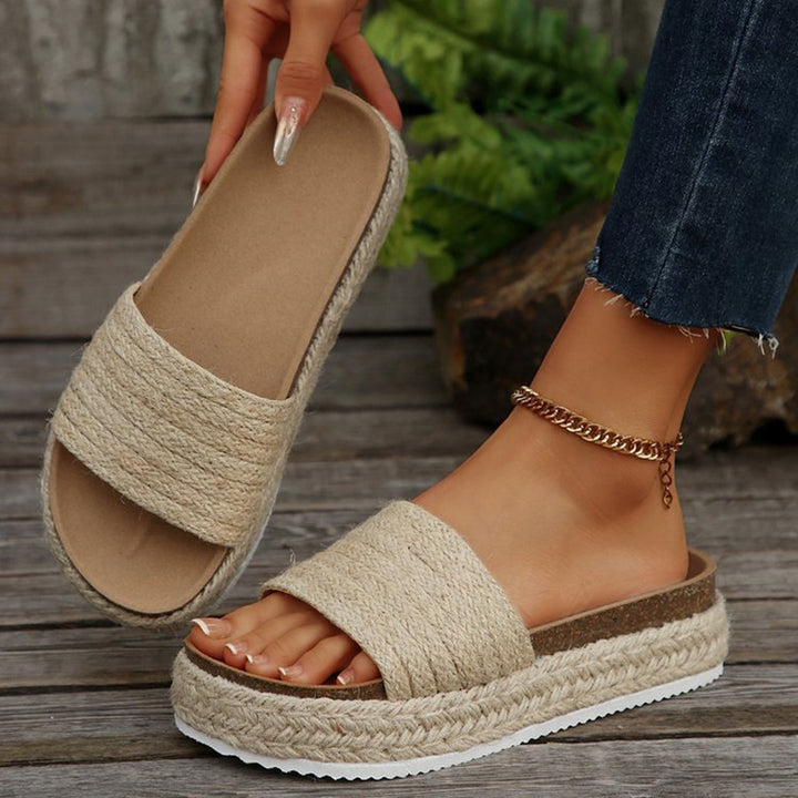 khaki Women's straw woven espadrille platform slides