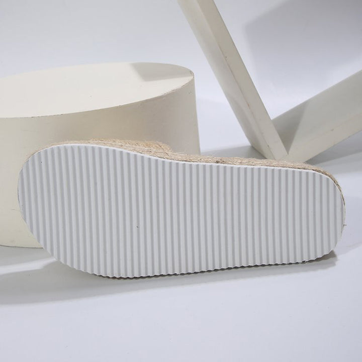 beige Women's straw woven espadrille platform slides