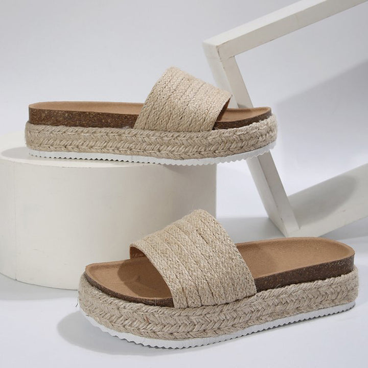 beige Women's straw woven espadrille platform slides