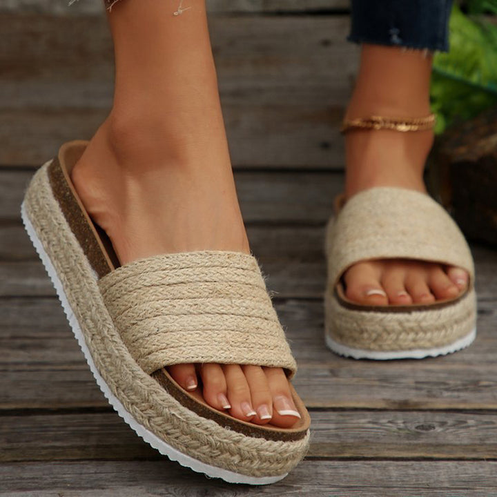 khaki Women's straw woven espadrille platform slides