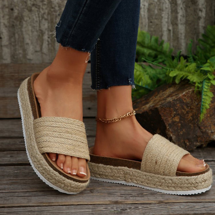 khaki Women's straw woven espadrille platform slides