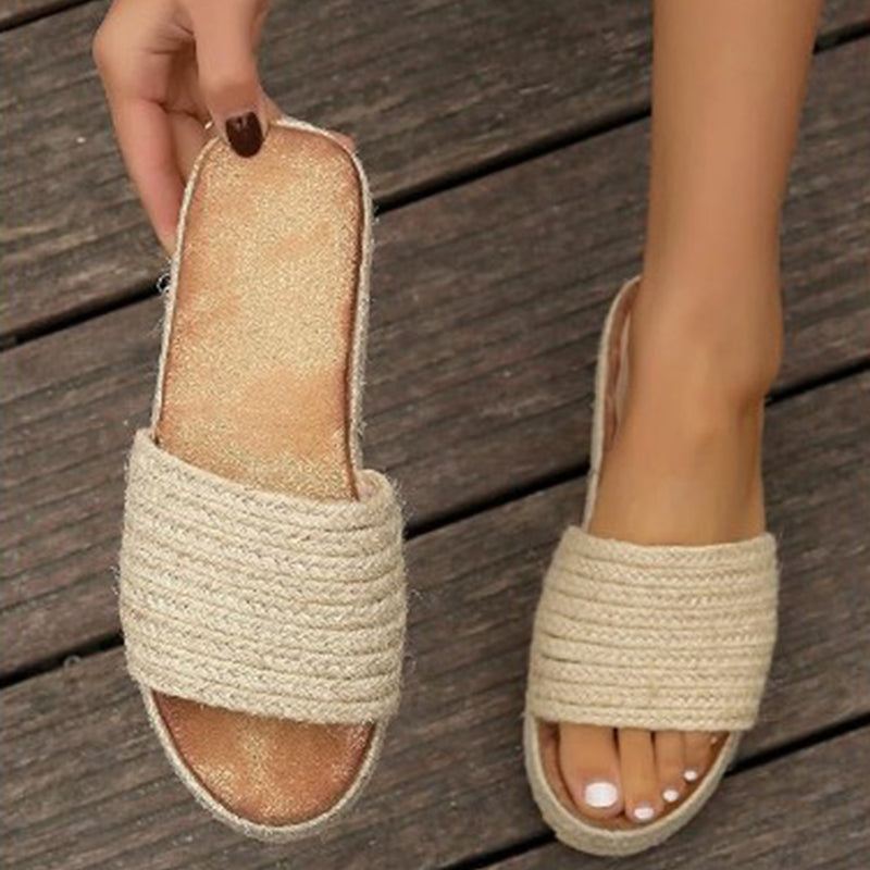 Women's straw woven espadrille platform slides