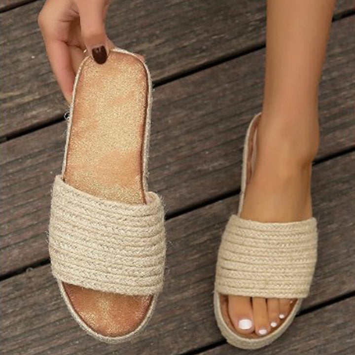 Women's straw woven espadrille platform slides