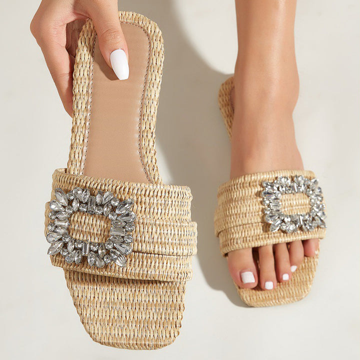 Women's straw woven square toe slide sandals
