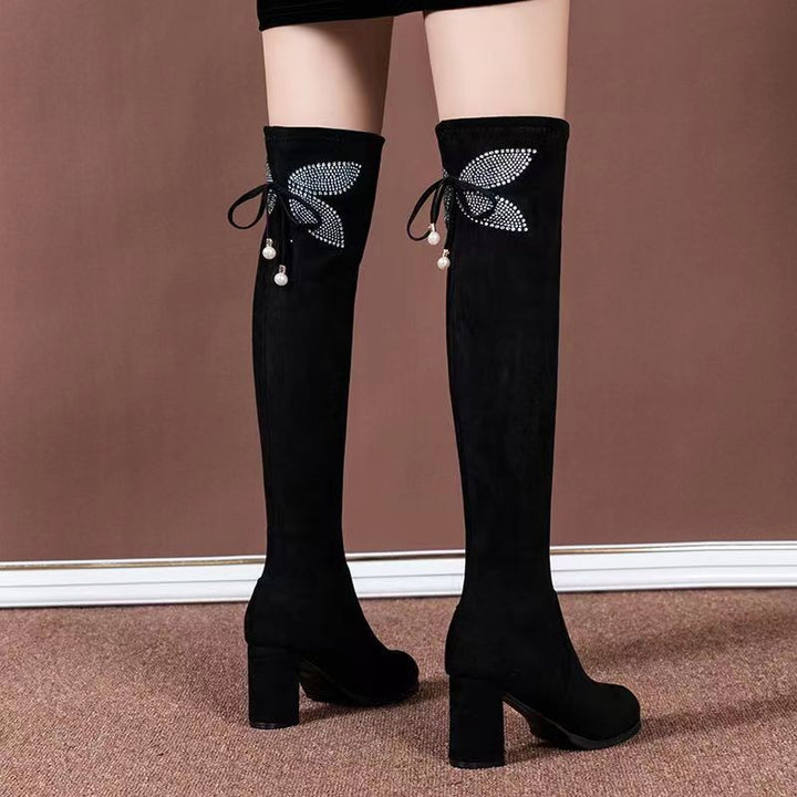 Women's stretch over the knee boots with rhinestone butterfly decor