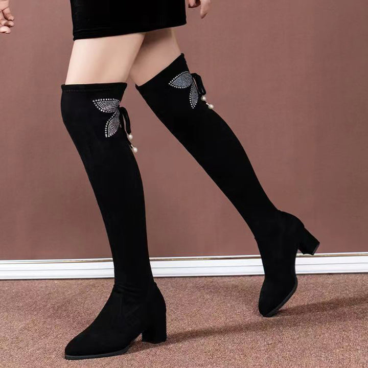 Women's stretch over the knee boots with rhinestone butterfly decor