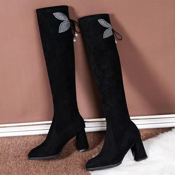 Women's stretch over the knee boots with rhinestone butterfly decor