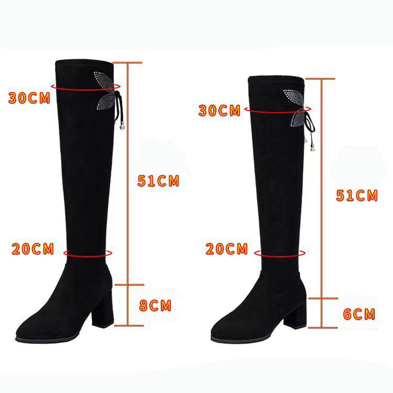 Women's stretch over the knee boots with rhinestone butterfly decor