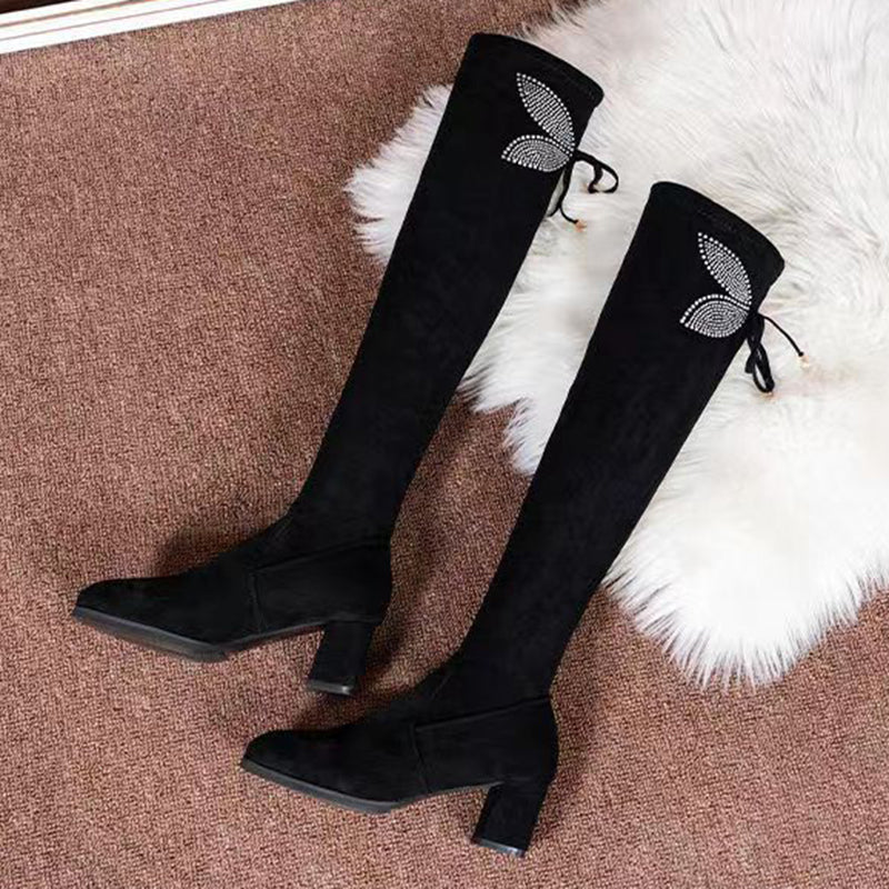 Women's stretch over the knee boots with rhinestone butterfly decor