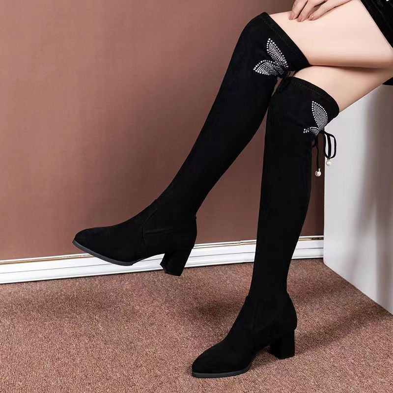 Women's stretch over the knee boots with rhinestone butterfly decor