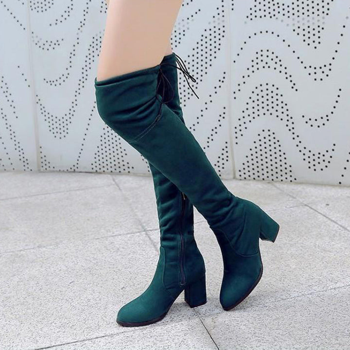 green Women's stretchy chunky heels thigh boots