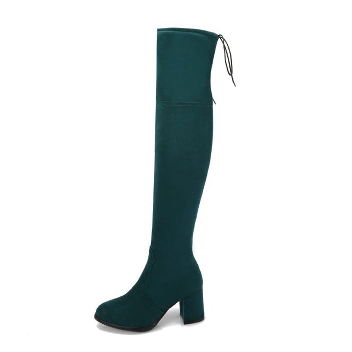 green Women's stretchy chunky heels thigh boots