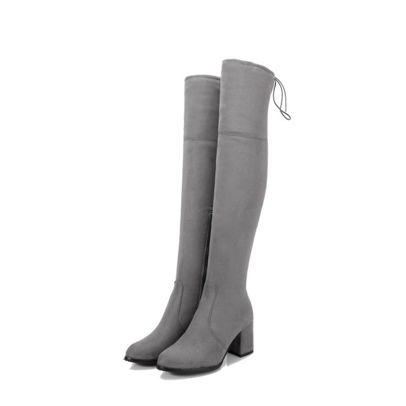 gray Women's stretchy chunky heels thigh boots