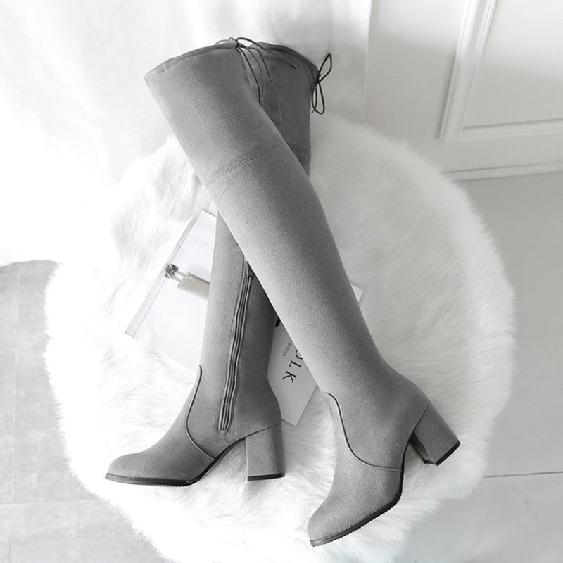 gray Women's stretchy chunky heels thigh boots