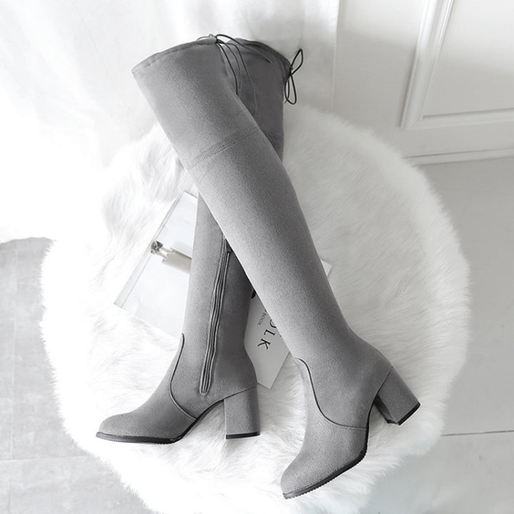 gray Women's stretchy chunky heels thigh boots