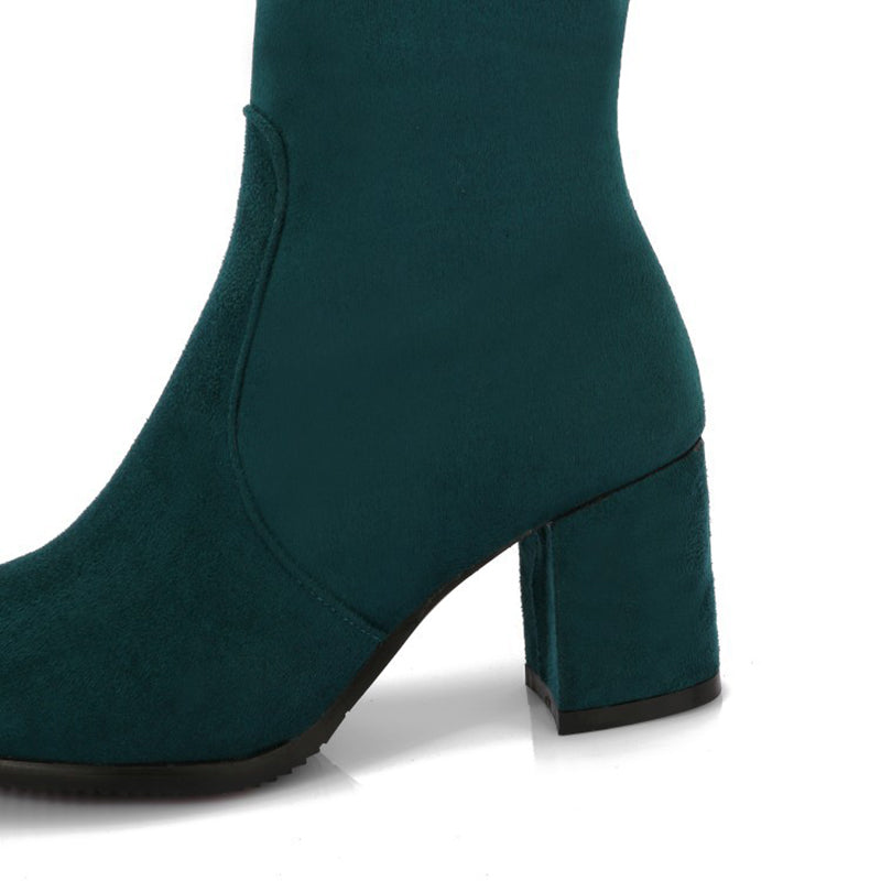 green Women's stretchy chunky heels thigh boots