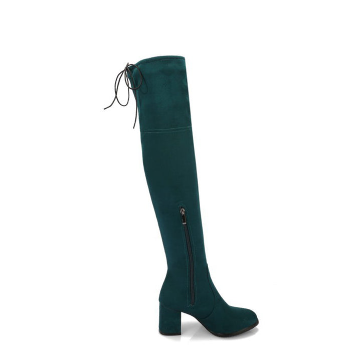 green Women's stretchy chunky heels thigh boots