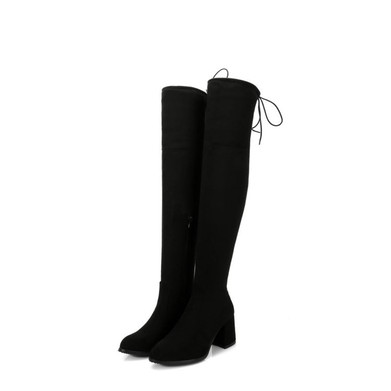 black Women's stretchy chunky heels thigh boots
