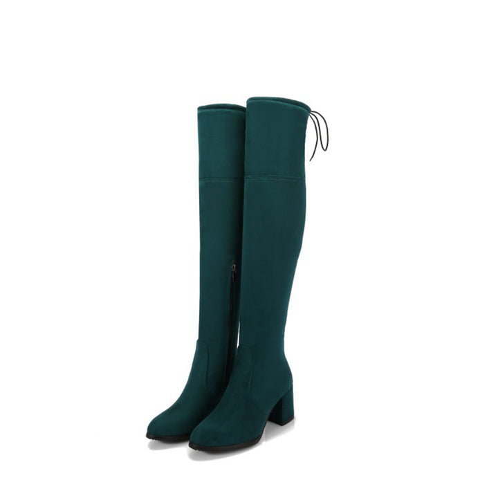 green Women's stretchy chunky heels thigh boots