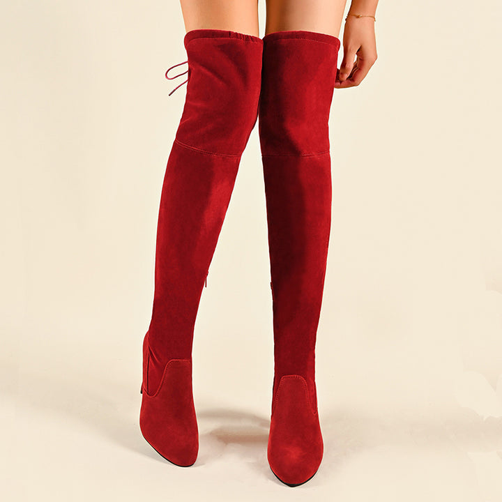 red Women's stretchy knee high boots with chunky high heels