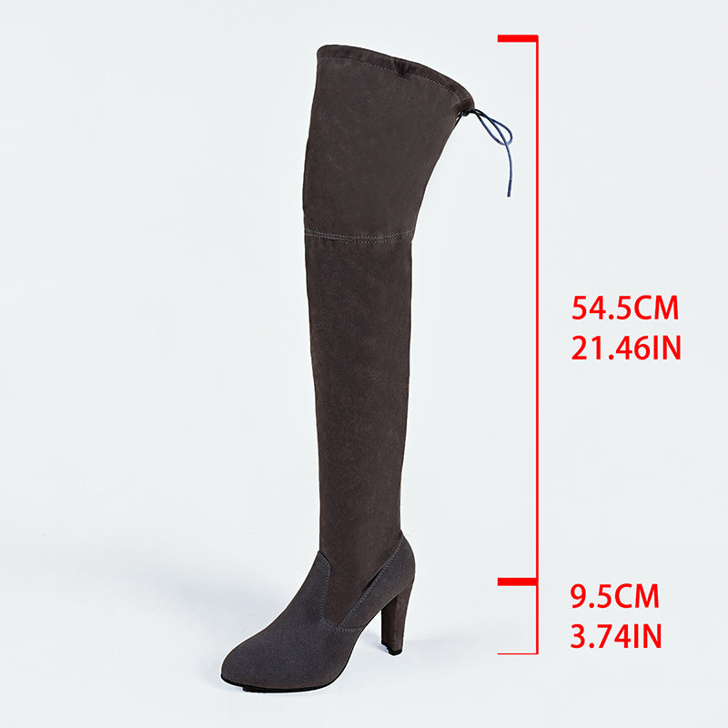 gray Women's stretchy knee high boots with chunky high heels
