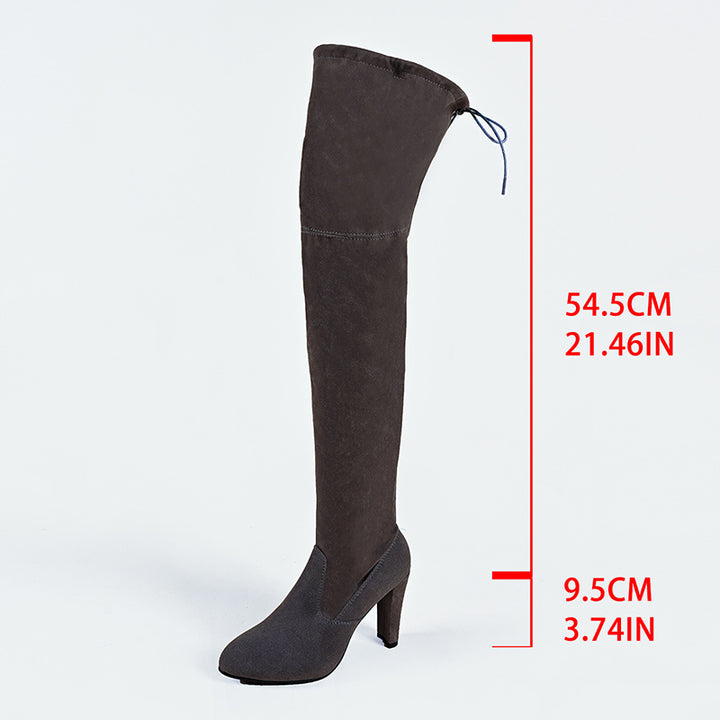 gray Women's stretchy knee high boots with chunky high heels