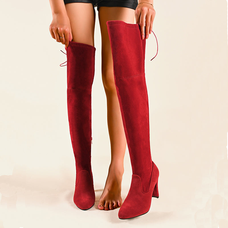 red Women's stretchy knee high boots with chunky high heels