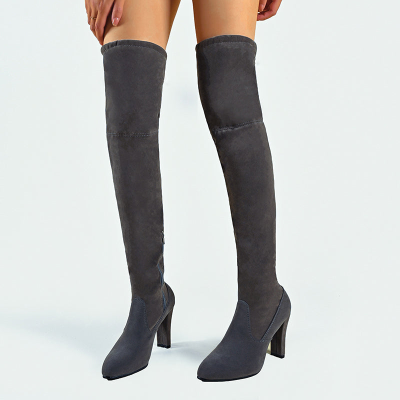 gray Women's stretchy knee high boots with chunky high heels