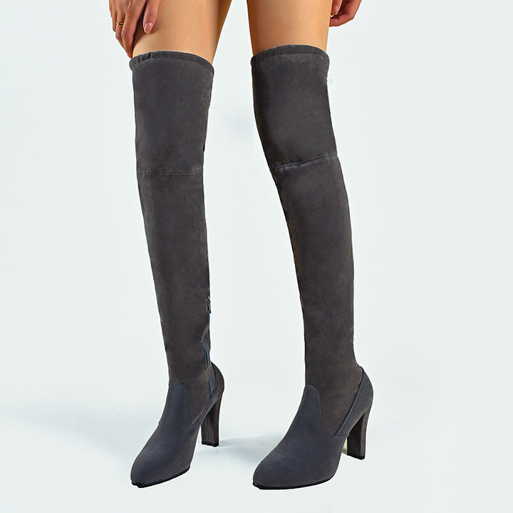 gray Women's stretchy knee high boots with chunky high heels