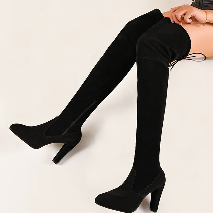 black Women's stretchy knee high boots with chunky high heels