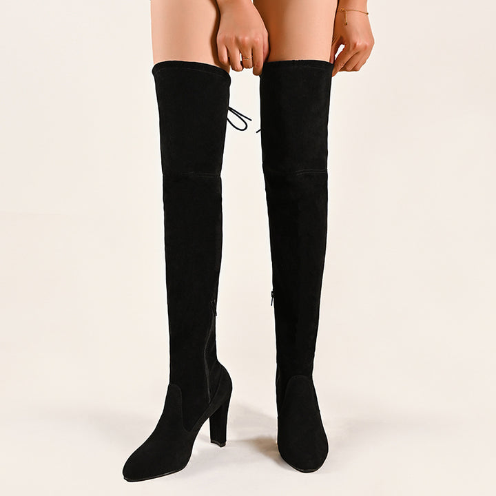 black Women's stretchy knee high boots with chunky high heels