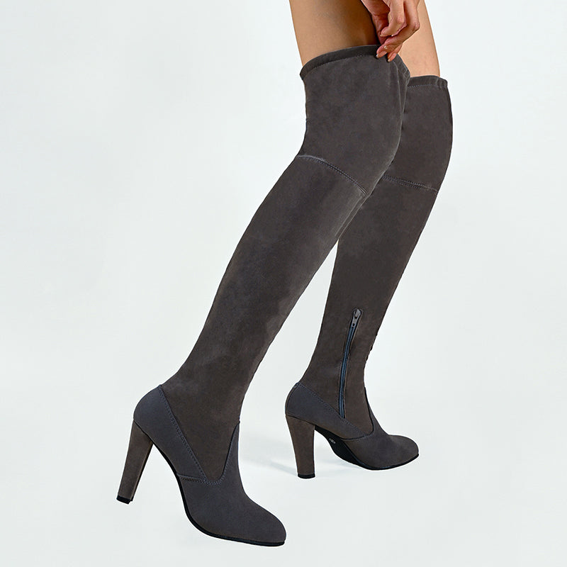 gray Women's stretchy knee high boots with chunky high heels