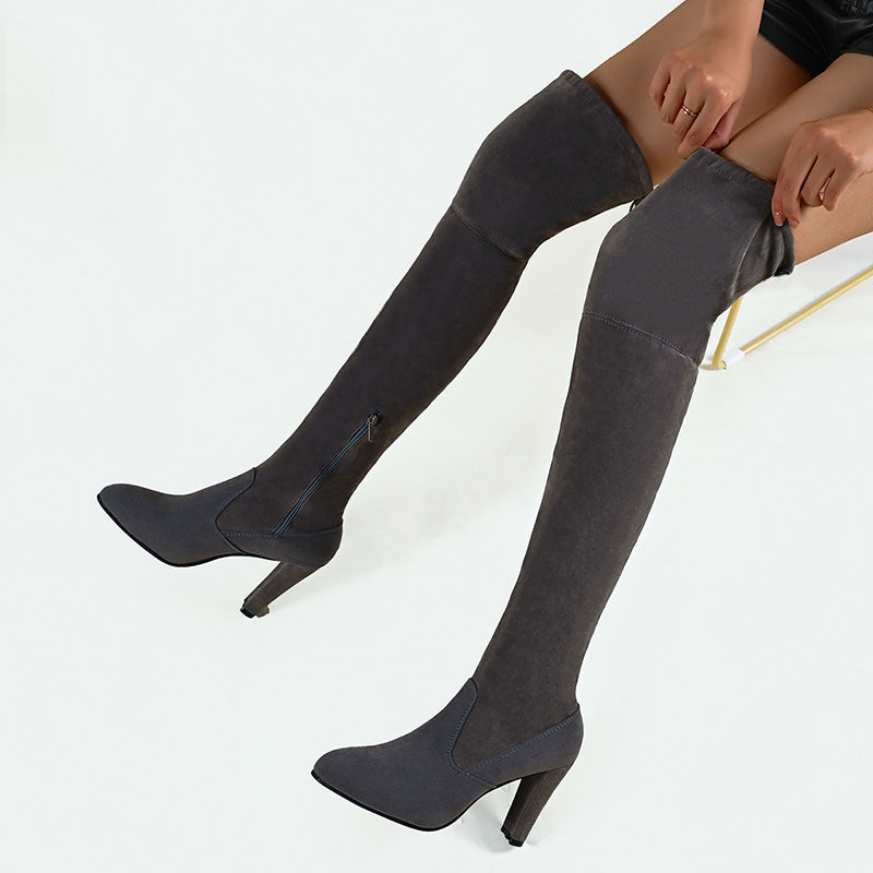 gray Women's stretchy knee high boots with chunky high heels