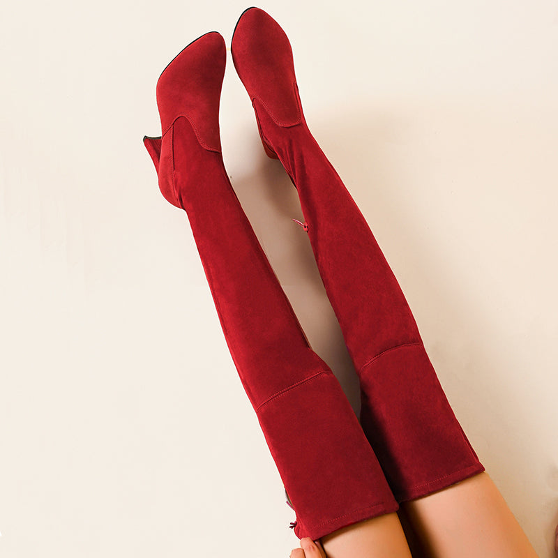 red Women's stretchy knee high boots with chunky high heels