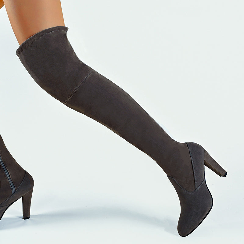 gray Women's stretchy knee high boots with chunky high heels
