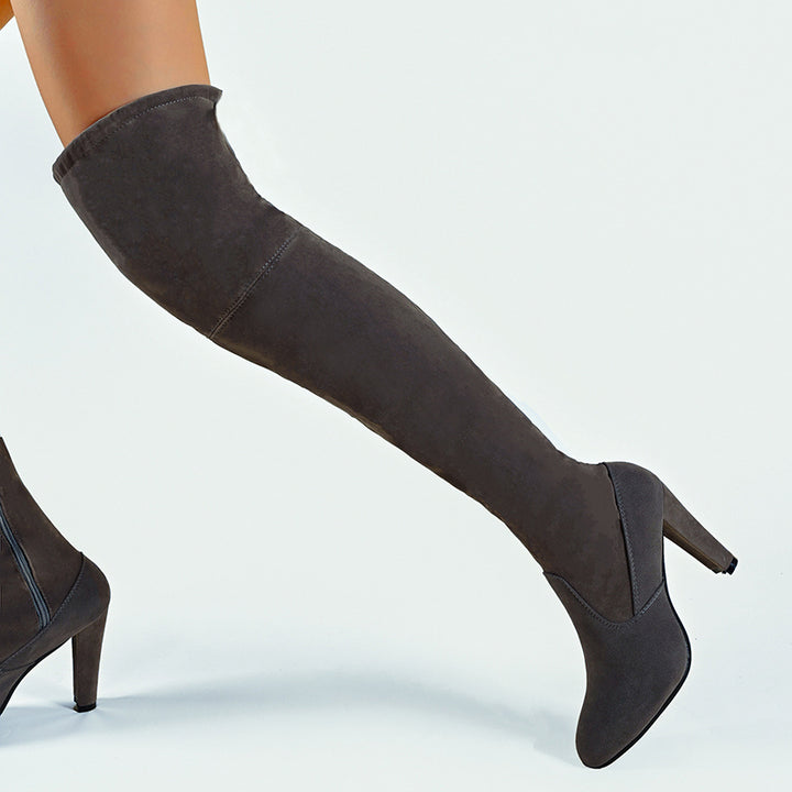 gray Women's stretchy knee high boots with chunky high heels