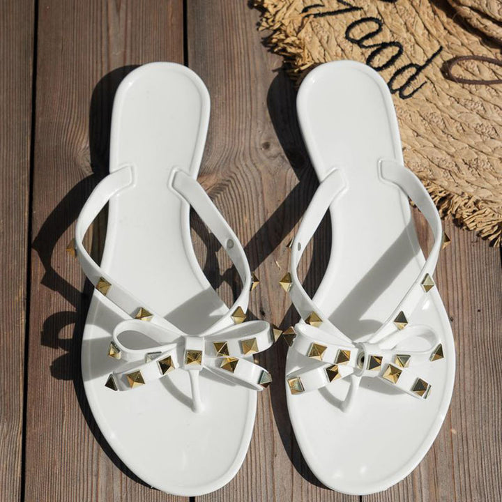 white Trendy Studded Bowknot Jelly Flip Flops for Women - Eye-Catching Summer Slides for Beach & Casual Wear
